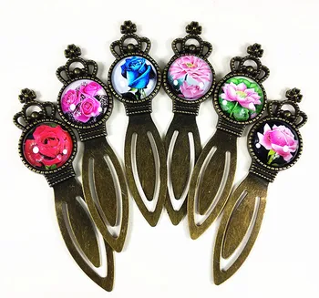 

24pcs Crown bookmark ruler base with red pink blue rose Flower lotus Glass cabochon Retro ancient silver bronze bookmark