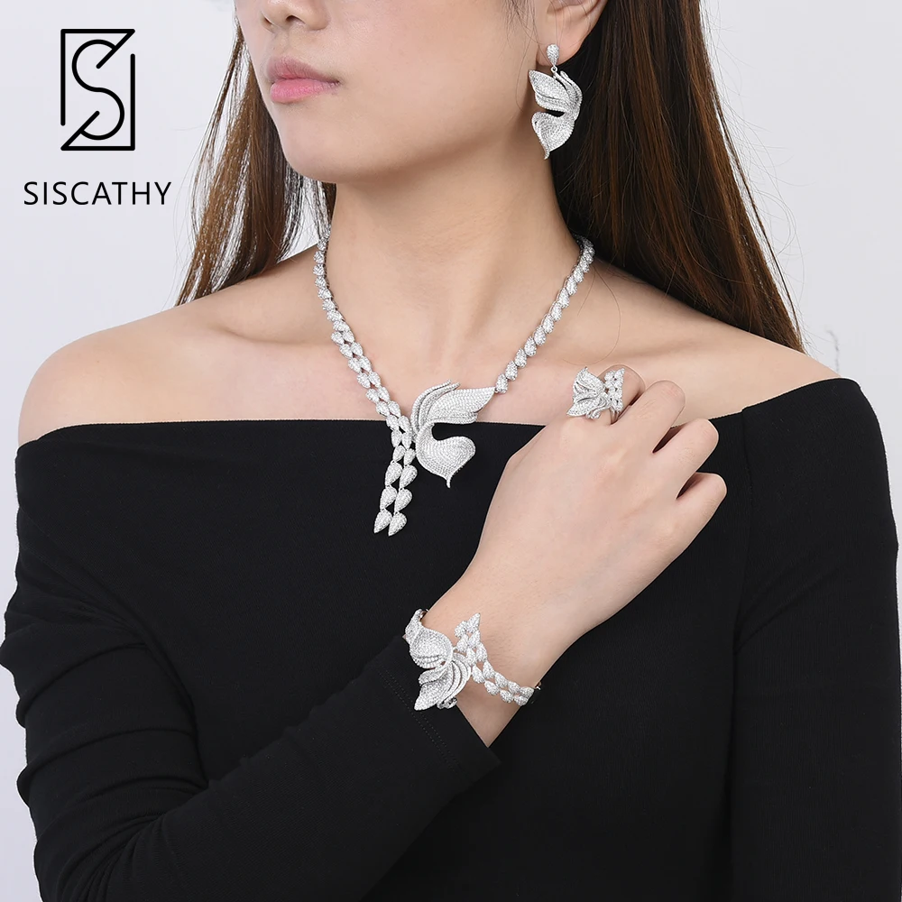 

Siscathy 4PCS Deluxe Women Bridal Wedding Necklace Dangle Earrings Bracelet Ring Women Jewelry Sets Cubic Zirconia Jewelry 2019