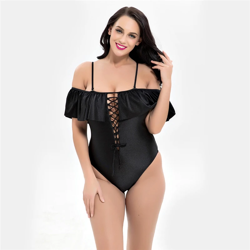 

2019 Fashion Beach Halter Ruffle Swimsuit One Piece Cross Bandage Large Size Push Up Swimwear Lace Up Solid Bathing Suit Women