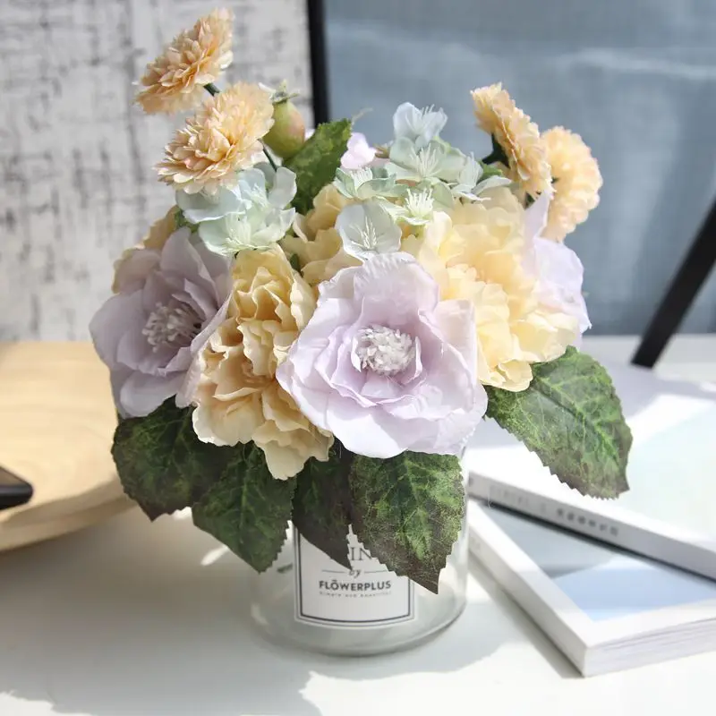 Artificial Flowers High Quality Silk Tea Rose Bunch Cheap Wreath Hand Stick Flower Road Wedding Home Decoration Supplies