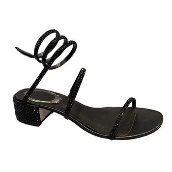 

Summer Black wedge sandals for women sexy Lady square heel sandals crystal-embellished satin sandals