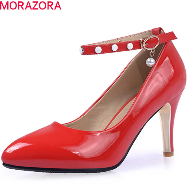 

MORAZORA spring summer patent leather pumps women shoes pointed toe with buckle high heels thin heel shallow female shoes