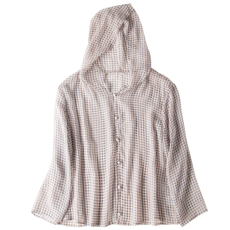 Женская блузка с капюшоном, рубашка, натуральный шелк, жоржет, с принтом, блузки с длинным рукавом, офисные женские блузки,, осенне-зимняя рубашка