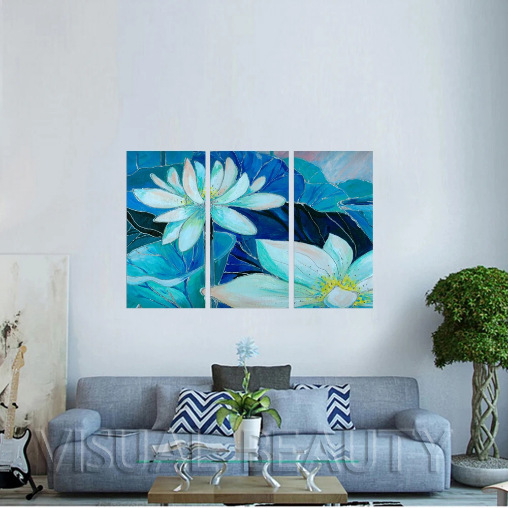 

FREE SHIPPING Blue Lotus Painting Cotton Canvas for Wall Decoration(Unframed)30x60cmx3pcs