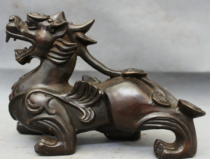 

song voge gem S3895 8" Folk Chinese Bronze Copper FengShui Dragon Kylin Unicorn Statue Figurine