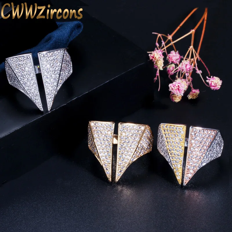 

CWWZircons Adjustable Size Silver and Rose Gold Color Micro Pave Cubic Zirconia Big Triangle Punk Rock Rings for Women R132