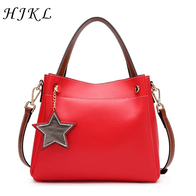 

HJKL New Genuine Cow Leather Women's Autumn Casual Totes Star Pendant Female Handbags High Quality Shoulder Messenger Bags 2018