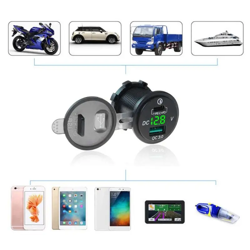 للماء 12 V 24 V نوع C PD QC 3.0 USB شاحن سيارة LED الفولتميتر الطاقة محول ل ذاكرة فلاش قارب دراجة نارية