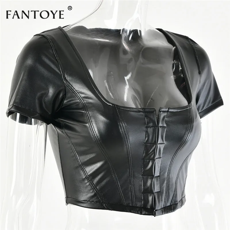 Fantoye PU Leather Bodycon Women Crop Top Sexy Black Summer Autumn Mini Tank Top Femme Sexy Party Haut Ladies Bustier Short Tops