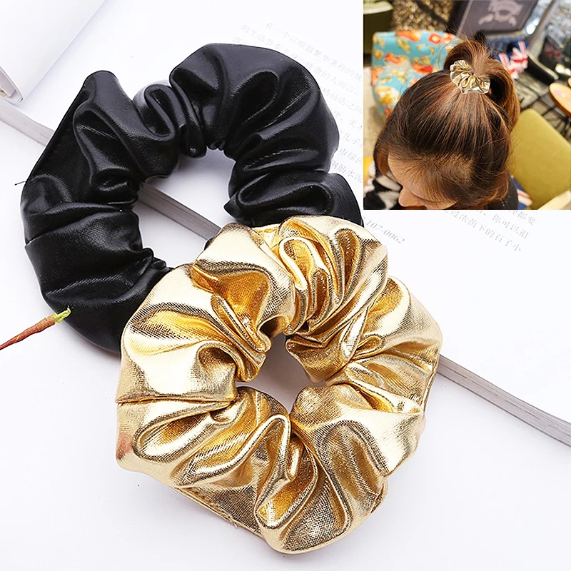 

2018 new Korean fashion shiny leather hair ring gold silver girl ponytail hair band gum hair rope girl hair accessories