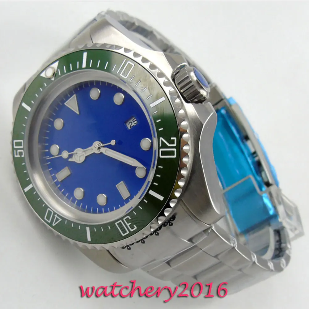 

44mm Bliger blue sterile dial luminous marks date window Ceramic Bezel Full Solid automatic movement men's Watch