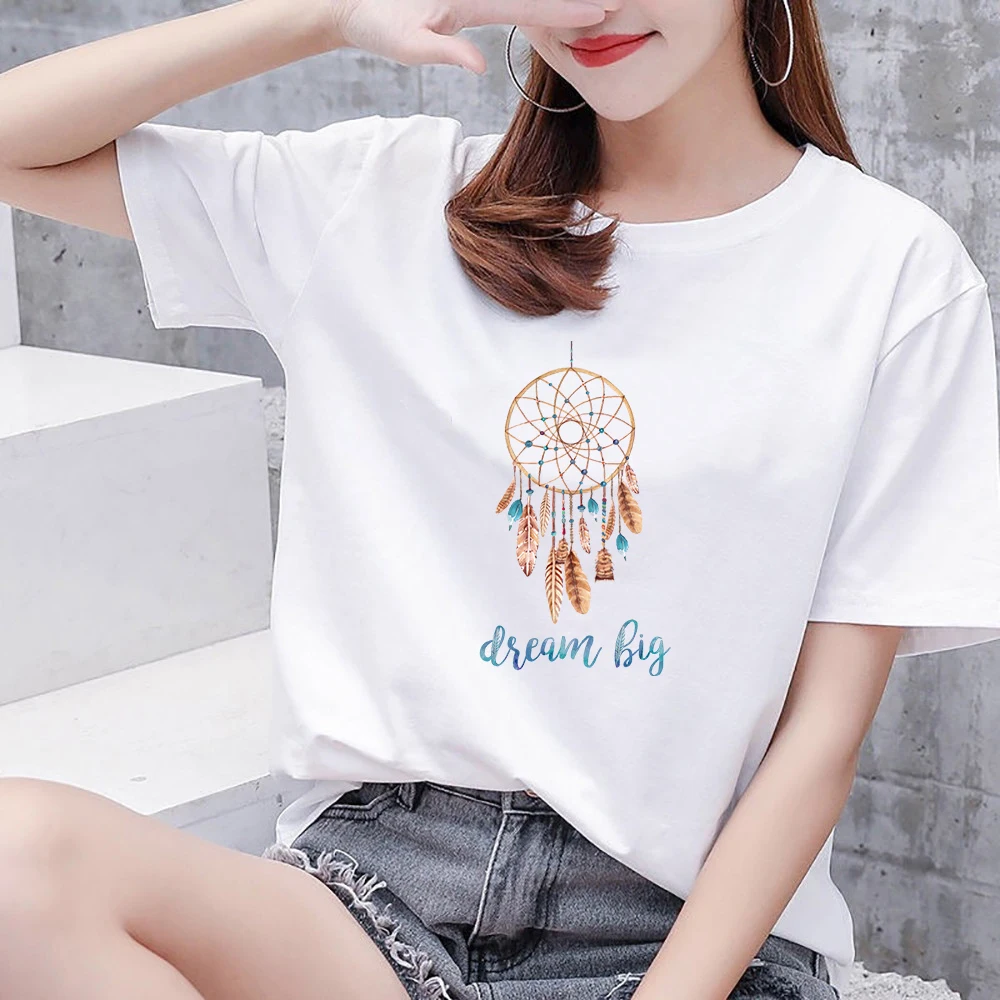 

Limited New Vogue Dreamcatcher Print Short Sleeve T-Shirt Femme Dream Big Girls Top Tees 100% Cotton Casual Women Dress T Shirts