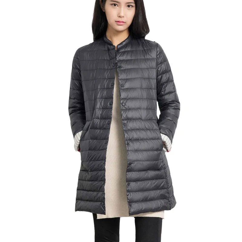 

2017 New Arrival Women Long light duck down Jackets Coats Collarless Long Sleeve Solid Color Padded Coat for Women parkas