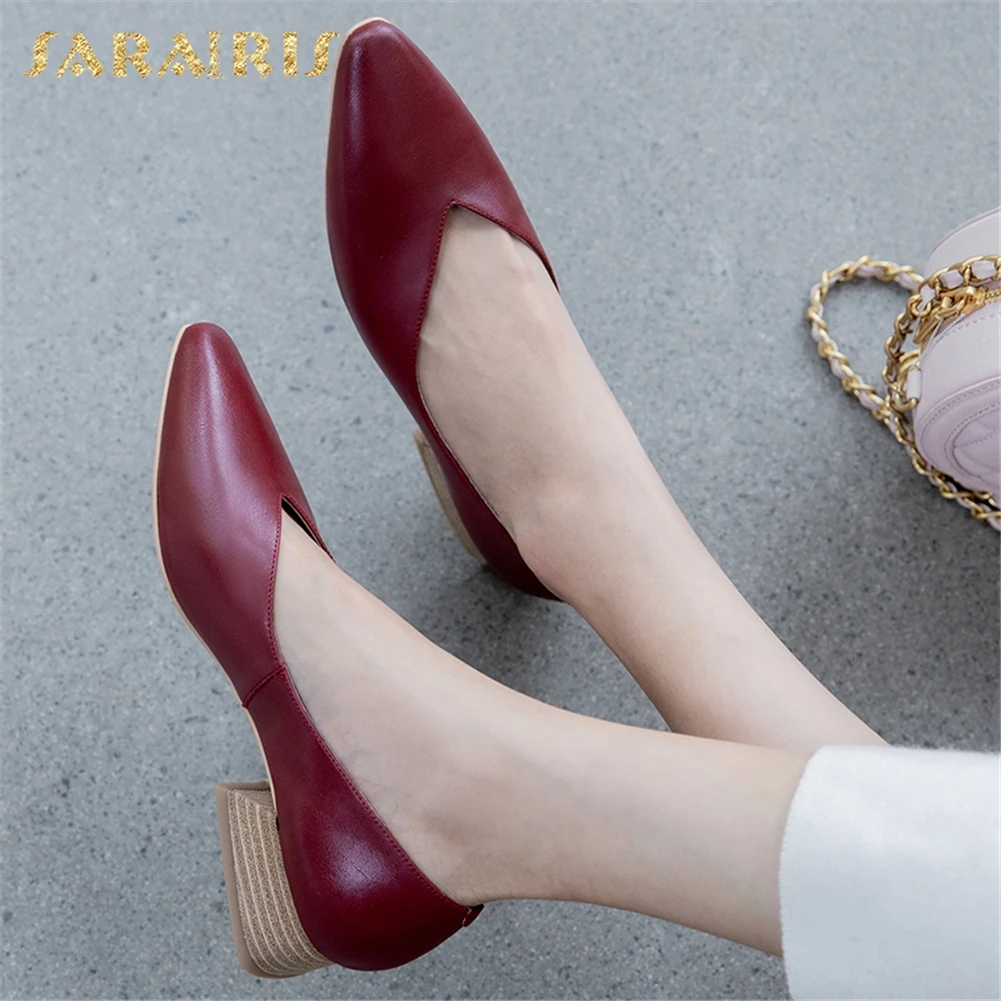 

SARAIRIS Fashion New Hot Genuine Cow Leather Slip On Causal Pumps Woman Shoes Chunky Heels Retro Shoes Woman Pumps Female