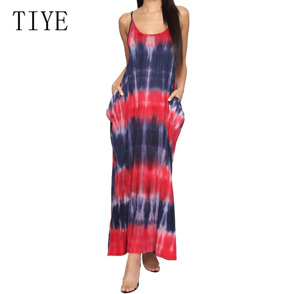 

TIYE Tie-dye Printed Sleeveless Spaghetti Strap Pockets Dress Women Fashion O Neck Summer Beach Casual Loose Maxi Sexy Dress