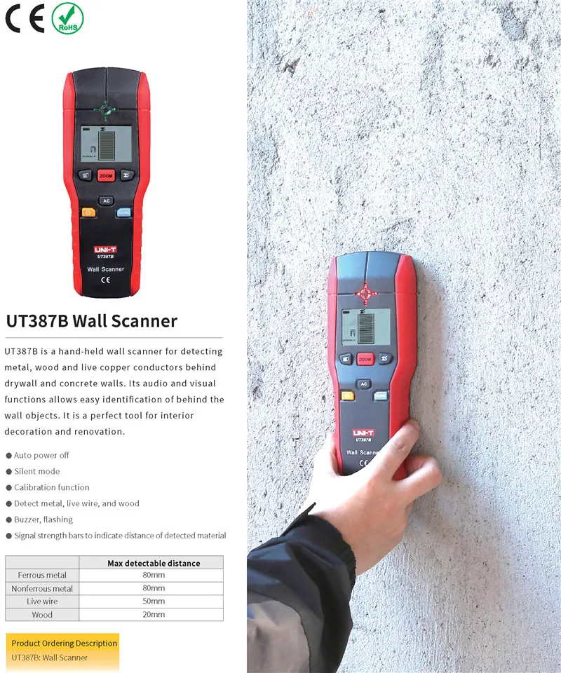 UNI-T UT387B настенный сканер; ручной настенный детектор, черные металлы/цветные металлы/медные проводники(live)/измерения древесины