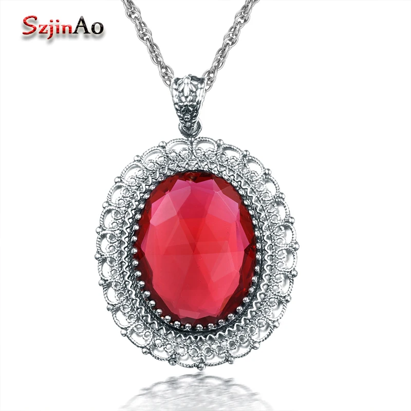 

Szjinao Fashion 925 Sterling Silver Pendant 2.8ct Big Oval Ruby Women Necklace Suspension Vintage Style Statement Jewelry