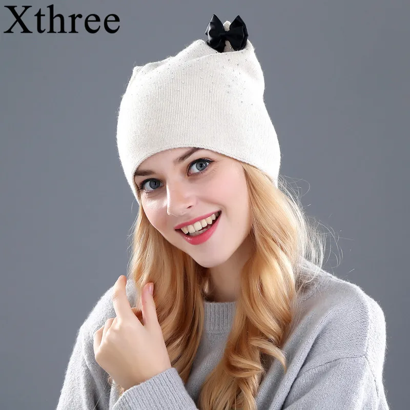 Xthree кроличья шерсть вязаная шапка Зима Весна Skullies beanies шапка для женщин девочек шапка Китти feminino