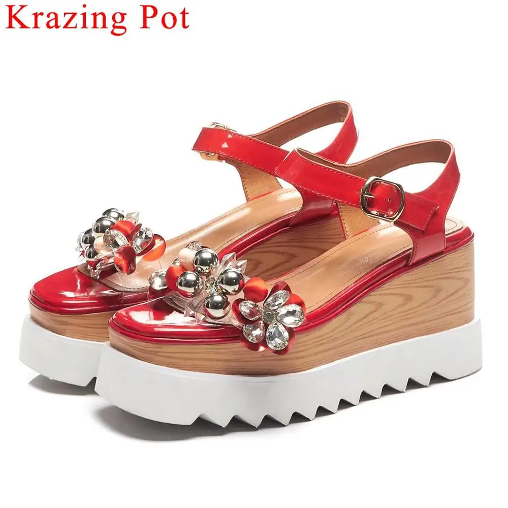 

Krazing Pot pretty girls cow leather buckle strap high bottom peep toe women sandals wedges platofrm crystals beading shoes L43