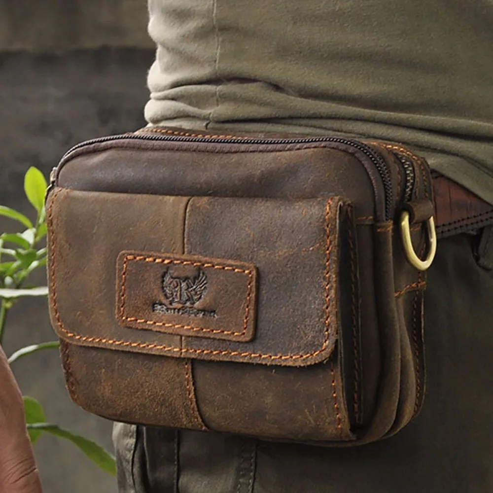 

Men Genuine Leather Military Fanny Waist Pack Oil Wax/Crazy Horse Cowhide Small Cross Body Bags Vintage Shoulder Messenger Bag