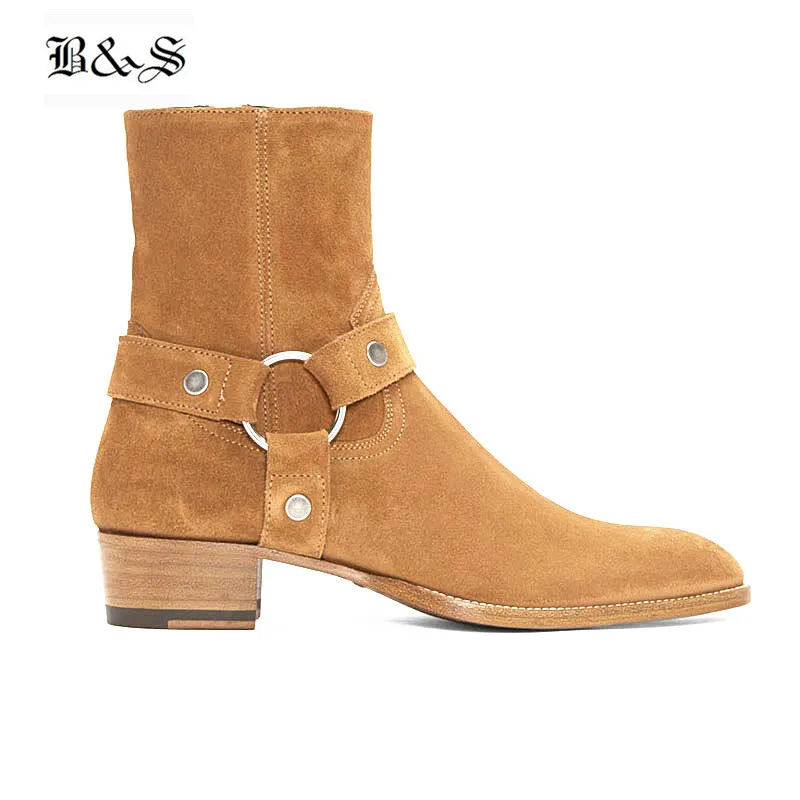 Black \u0026 Street Botas de caña alta con hebilla y anillo para hombre, Botines  Chelsea de cuero con cuña, vaqueros, con arnés para banquete, hechos a  mano|Botinas| - AliExpress