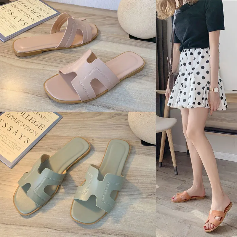 

Summer Casual Outdoor Sandals Pu Leather Flats Shoes Women Slip-on Female Slides Leisure Beach Flip Flops 550