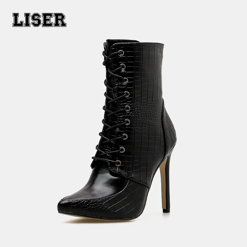 

women ankle boots snake skin pattern laced up Gothic street style black high stiletto heels booties young ladies winter shoes