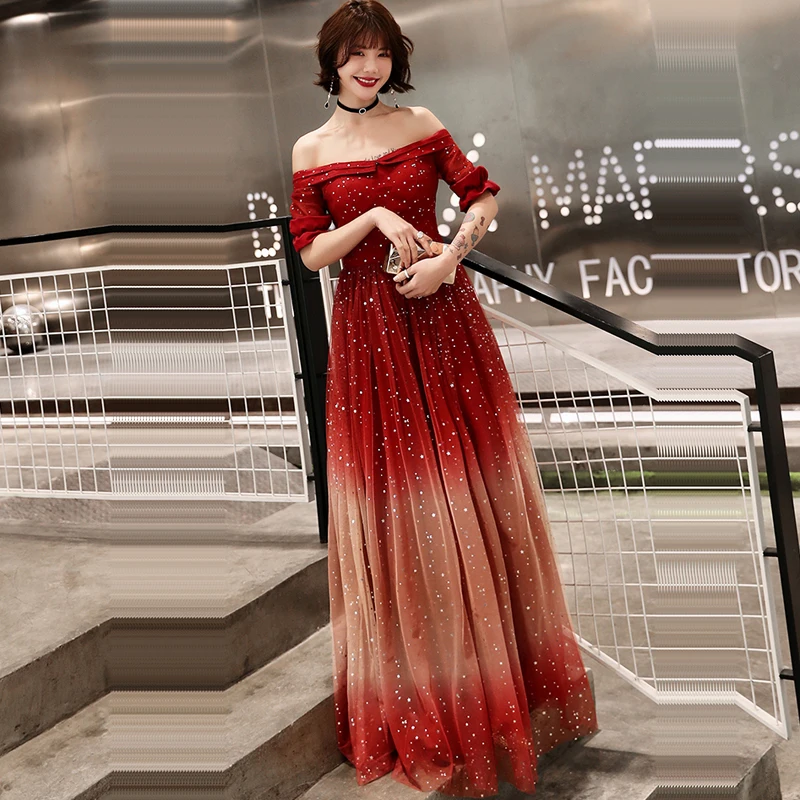 

Evening Dress Half-sleeve Robe De Soiree Backless Sequin Women Party Dresses 2019 Long Plus Size Boat Neck Formal Gowns E721