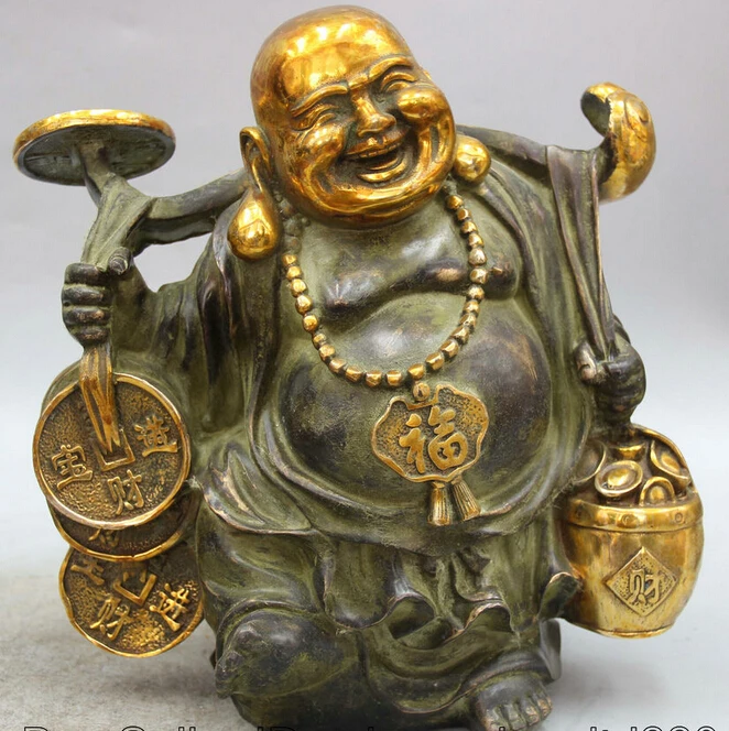 

JP S62 11" Chinese Bronze Gild Folk Ru Yi Wealth Fu Happy Laugh Maitreya Buddha Statue