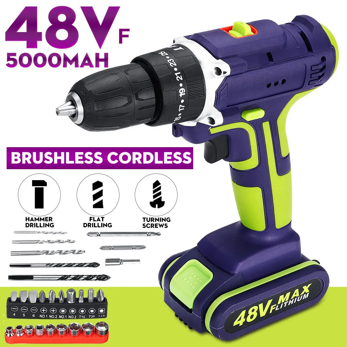 48V Cordless Drill Driver 50Nm 5000mAh Dual Li-Ion Battery 2-Speed Screwdriver