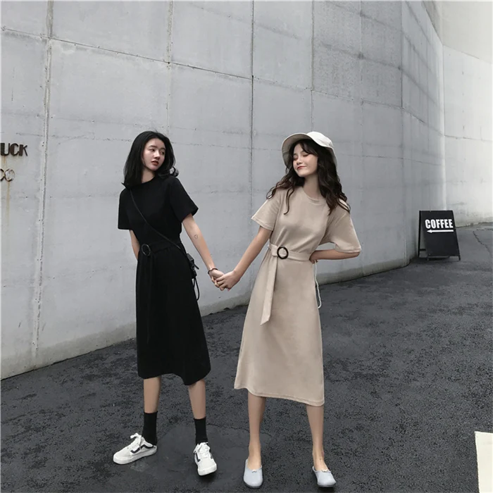 Платье OLN новые женские корейской версии chic свободный пояс с короткими рукавами Круглый воротник платье