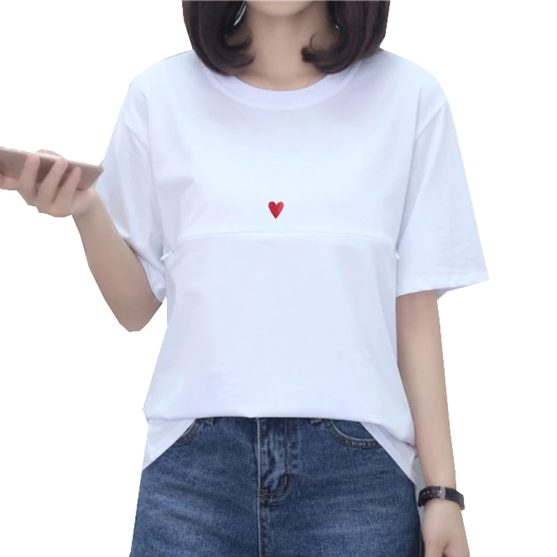 Nursing Zipper Tops Breastfeeding T Shirts for Pregnant Summer Embarazada Short Sleeve Heart Embroidery Tee Maternity Clothes | Мать и
