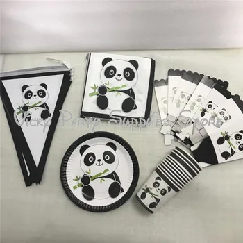 

46pcs/lot Cartoon Panda Theme Birthday Party Tableware for 10 Kids Birthday Pennant Plate Popcorn Box Party Suppliers Decoration