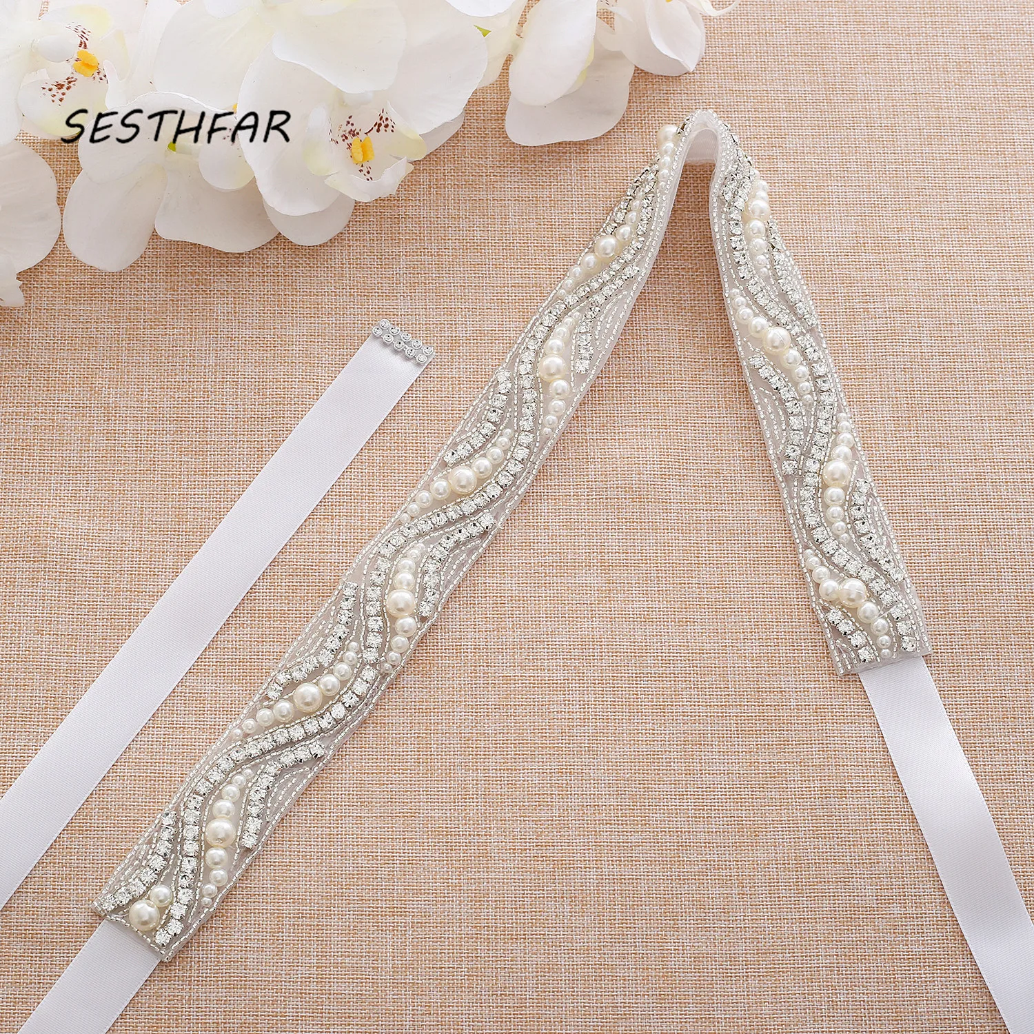 

SESTHFAR Rhinestones Bridal Belt Long Sliver Crystal Bridal Sash Diamond Wedding Belt For Women Evening Dress