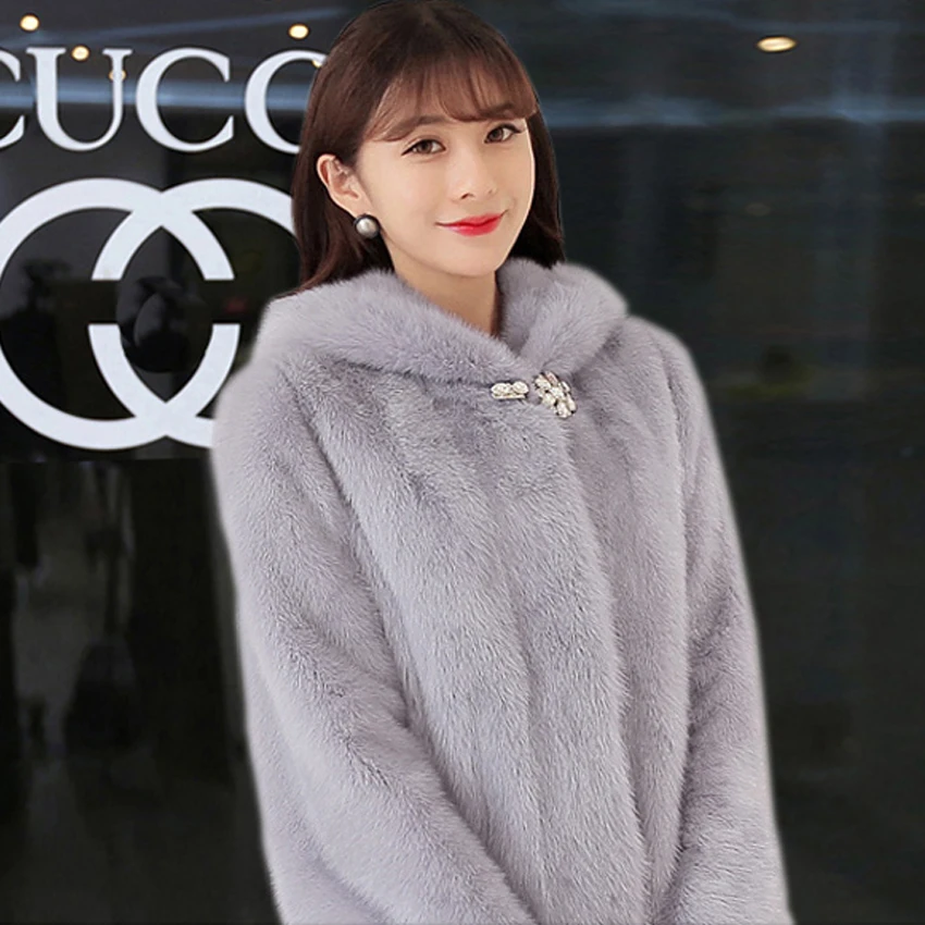 2019 Chic Faux Fur Coats Jackets Hooded Women Autumn Winter Fur Overcoat Cozy Soft Warm Outerwear Female Warm Winter Jacket