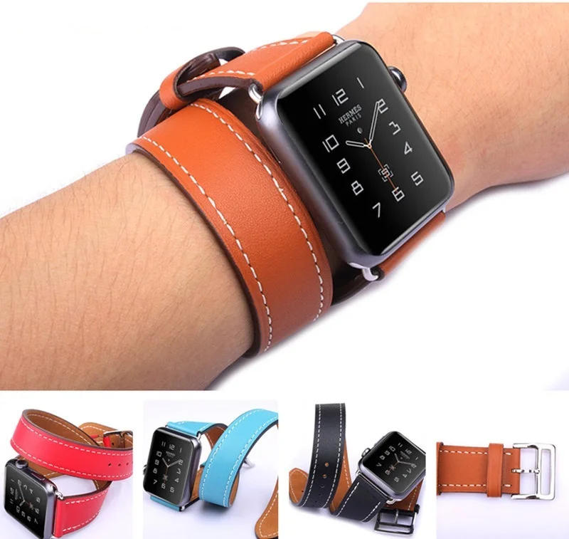 

GOOSUU 1:1 Original Luxury Double Tour Bracelet Leather Watchband Extra Long Genuine Leather Strap For Apple WatchBand 38mm 42mm