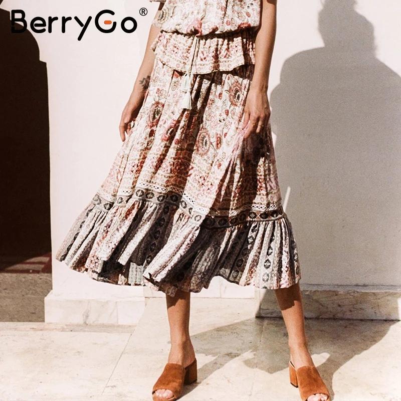 BerryGo Ethnic tassel high waist long skirts Women vintage boho floral