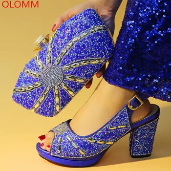 

OLOMM Blue Color Italian Shoes and Bags To Match Shoes with Bag Set Decorated with Rhinestone Nigerian Women Wedding Shoes.Y-25