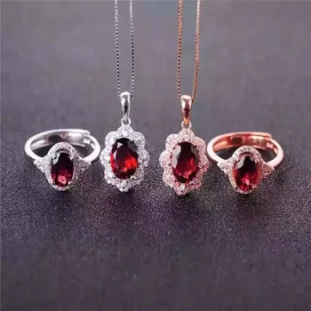 

Color jewelry Garnet Ring Necklace Pendant Set NATURAL GEMSTONE 925 silver inlay