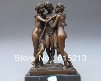 

bi004 13"Western Art Bronze & Base Marble three nude belle Statue