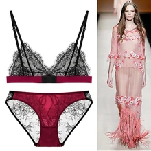 Pzalza модный красный французский кружевной бюстгальтер набор сексуальный треугольник Unli Прозрачное нижнее белье для женщин Бралетт Набор беспроводной бюстгальтер комплект