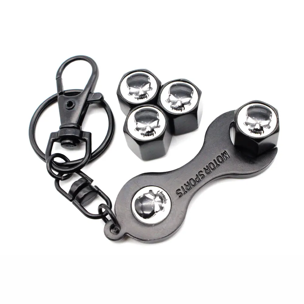 5Pcs/Set Skull Car Wheel Tire Air Valve Caps With Wrench Keychain Zinc
