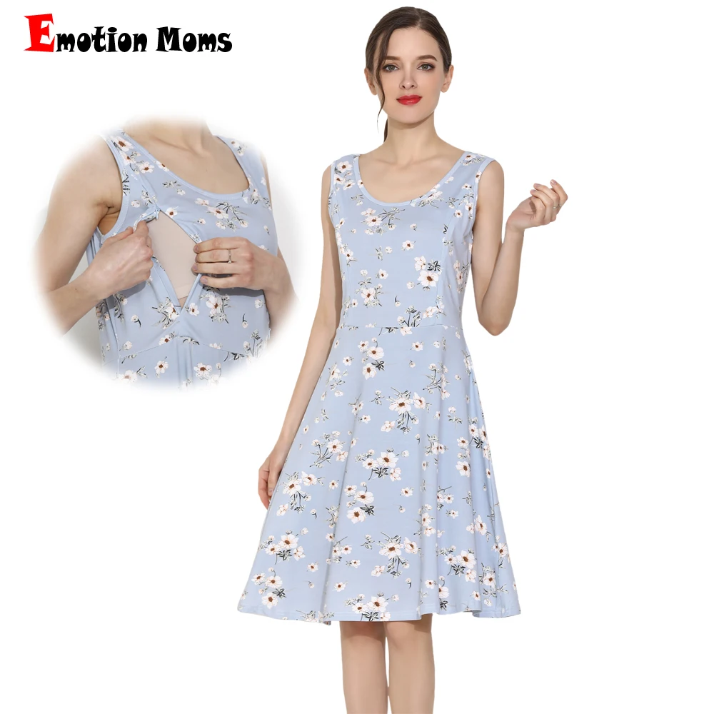 

2019 Emotion Moms Summer Maternity Dress Cotton Stretch Floral Breastfeeding Dress Sleeveless Lactation Dress S-XXL