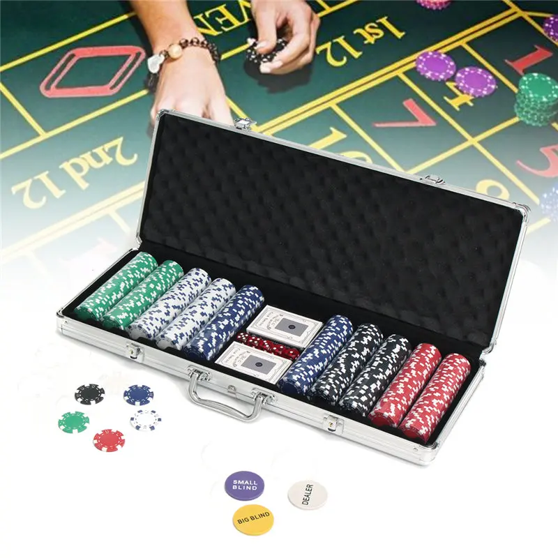 

Poker Chip Set 500PCS Chips +5 Dice +2 Playing Cards Game Texas Hold'em Cards With Aluminium Case Box Poker Card Game Set