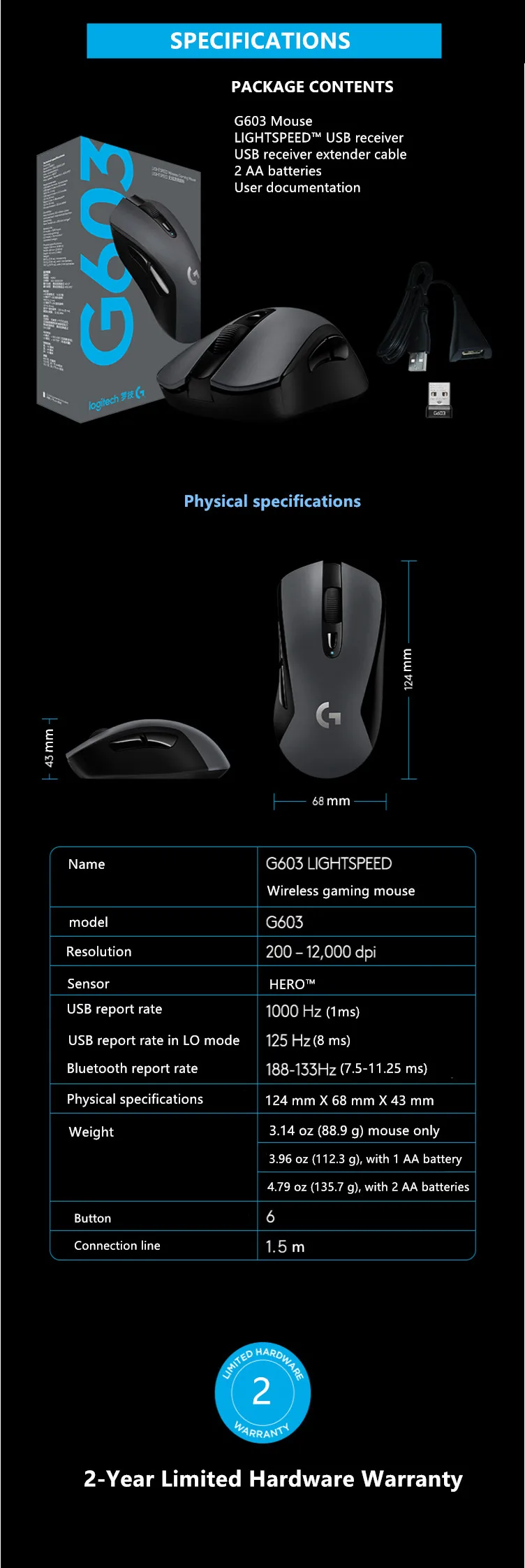 Беспроводная игровая мышь logitech G603 LIGHTSPEED