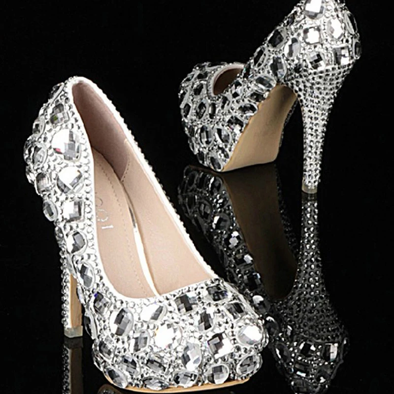 luxury silver sheer crystals jeweled high heels bridal shoes wedding