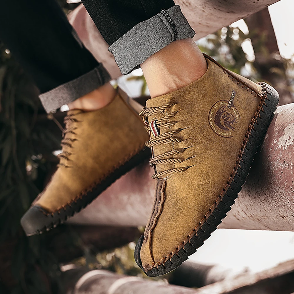

2018 Fashion Leather Shoes Men Full Handtailor Vintage Sneakers Huarache Moccasins Non-slip Super Hot Flats Black Plus Sizes 46