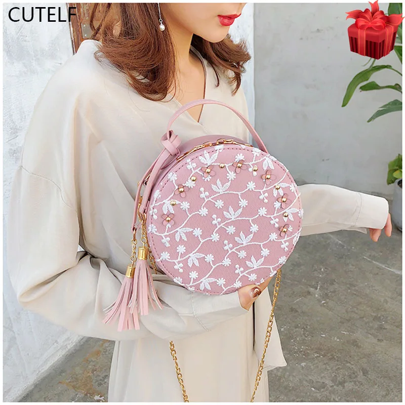 

ladies hand bags pu leather small round shoulder pink bag lace tassel white crossbody bags for women 2019 fashion clutch purses