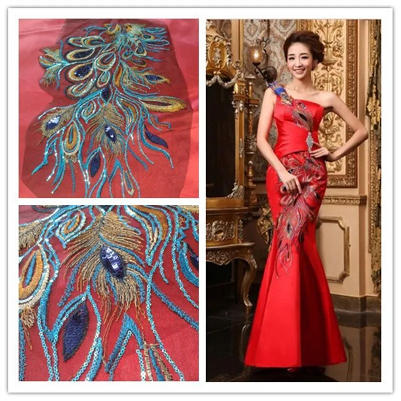 

2Pcs/Lot Sequins Peacock Phoenix Feather African Lace Patch Applique Embroidery Mesh Lace Fabric Sewing Evening Dress Cloth Blue