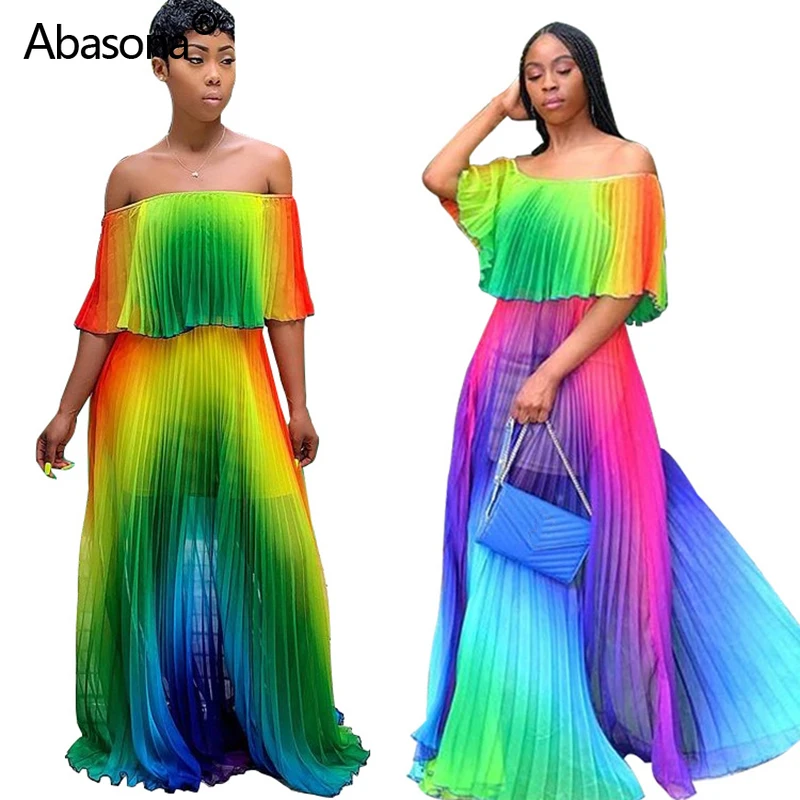 

Women Summer Gradient Tie Dye Print Chiffon Big Hem Off Shoulder Maxi Pleated Sexy Party Dress Sexy Bohomian Long Beach Dresses
